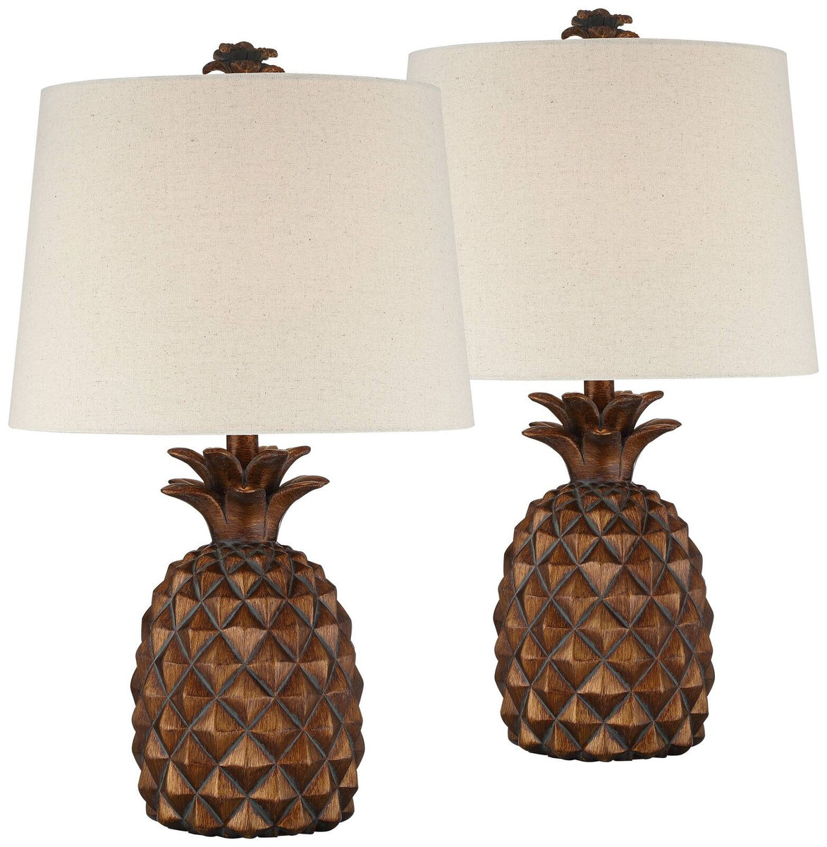 Brown Pineapple Design Accent Table Lamps with Fabric Shades Set of 2
