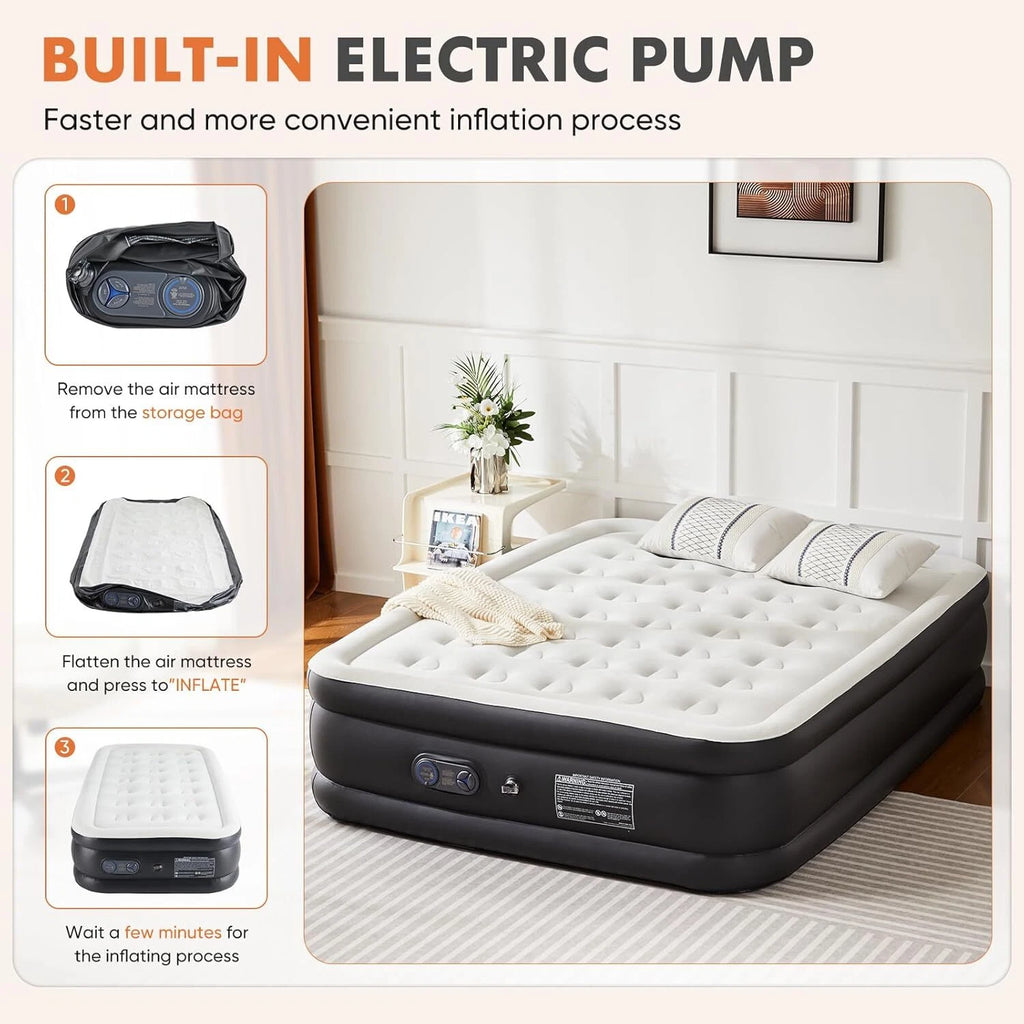 Queen 22 Inch Air Mattress Built-In Pump Flocked Raised Inflatable Bed