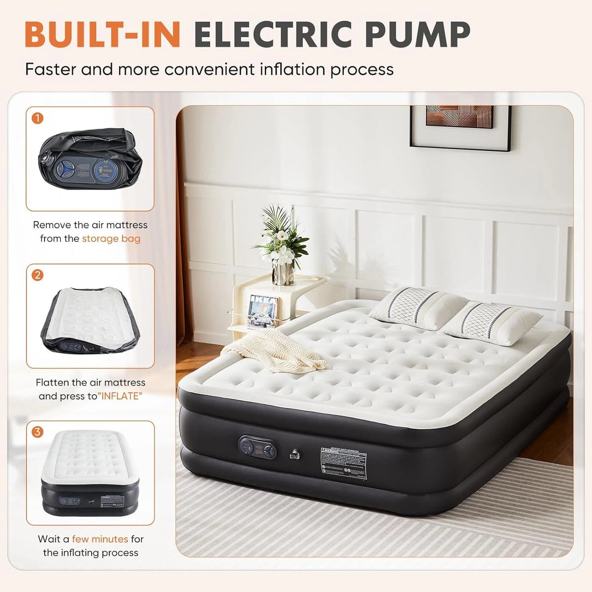 Queen 22 Inch Air Mattress Built-In Pump Flocked Raised Inflatable Bed