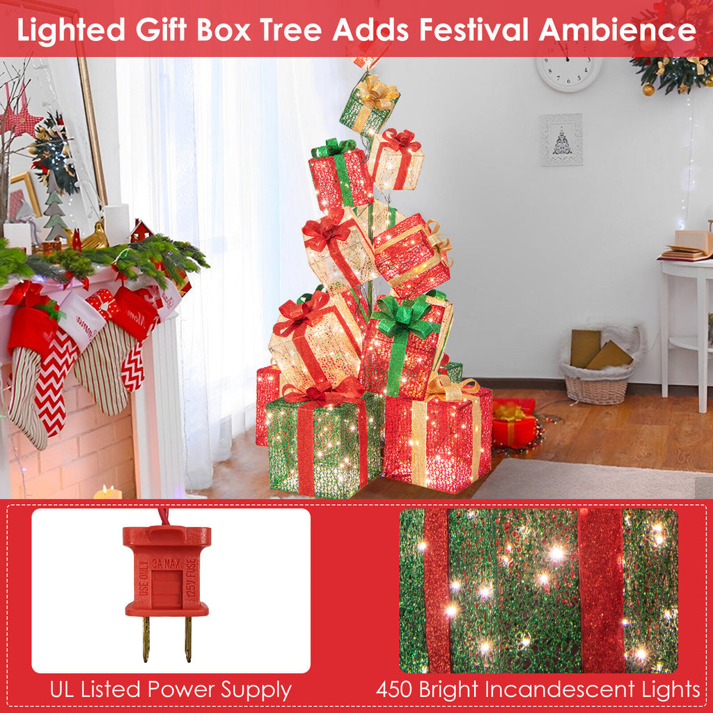 67" Stacked Gift Box Tower Decoration W/ 450 LED Lights For Christmas