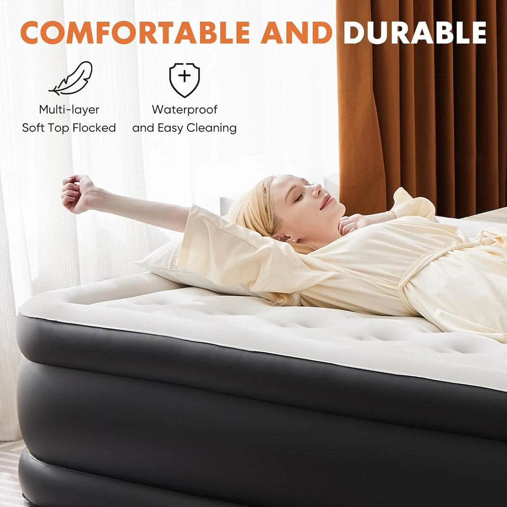 Queen 22 Inch Air Mattress Built-In Pump Flocked Raised Inflatable Bed