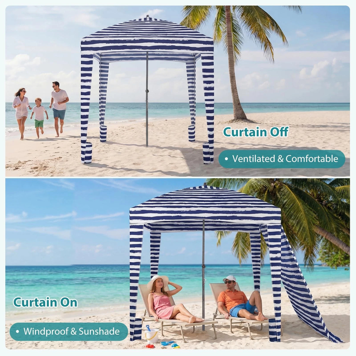 6x6 ft UPF 50+ Beach Cabana Canopy with Detachable Side Wall