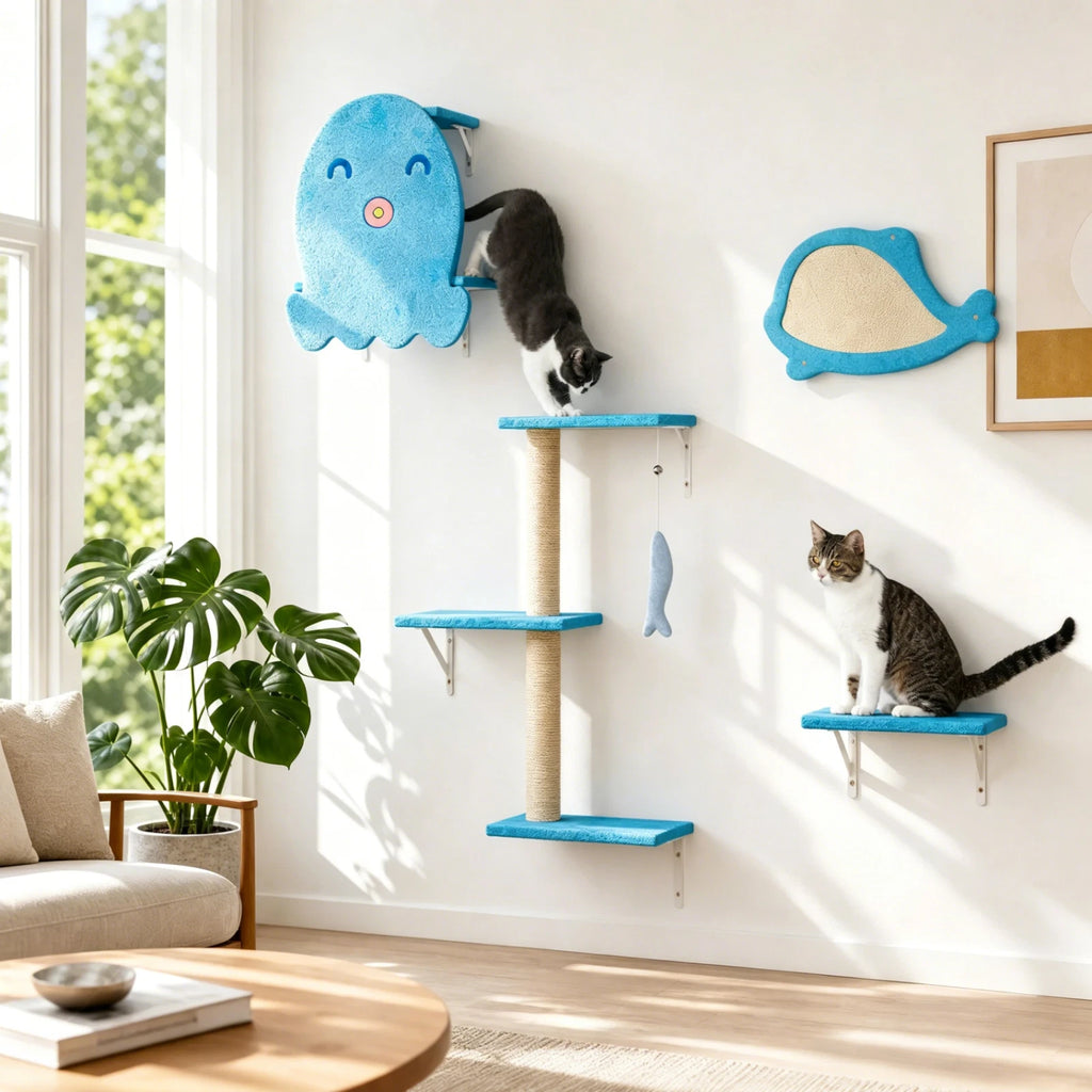 Ocean Blue Wall Mounted Cat Tree 4-Piece Climbing Scratching Perch Set