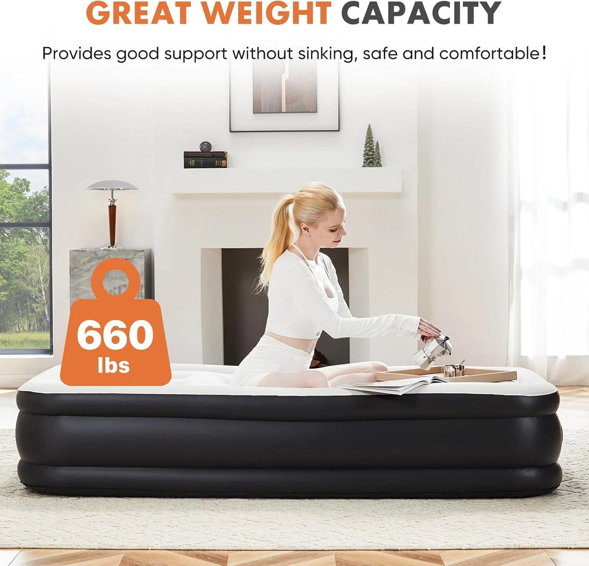 Queen 22 Inch Air Mattress Built-In Pump Flocked Raised Inflatable Bed