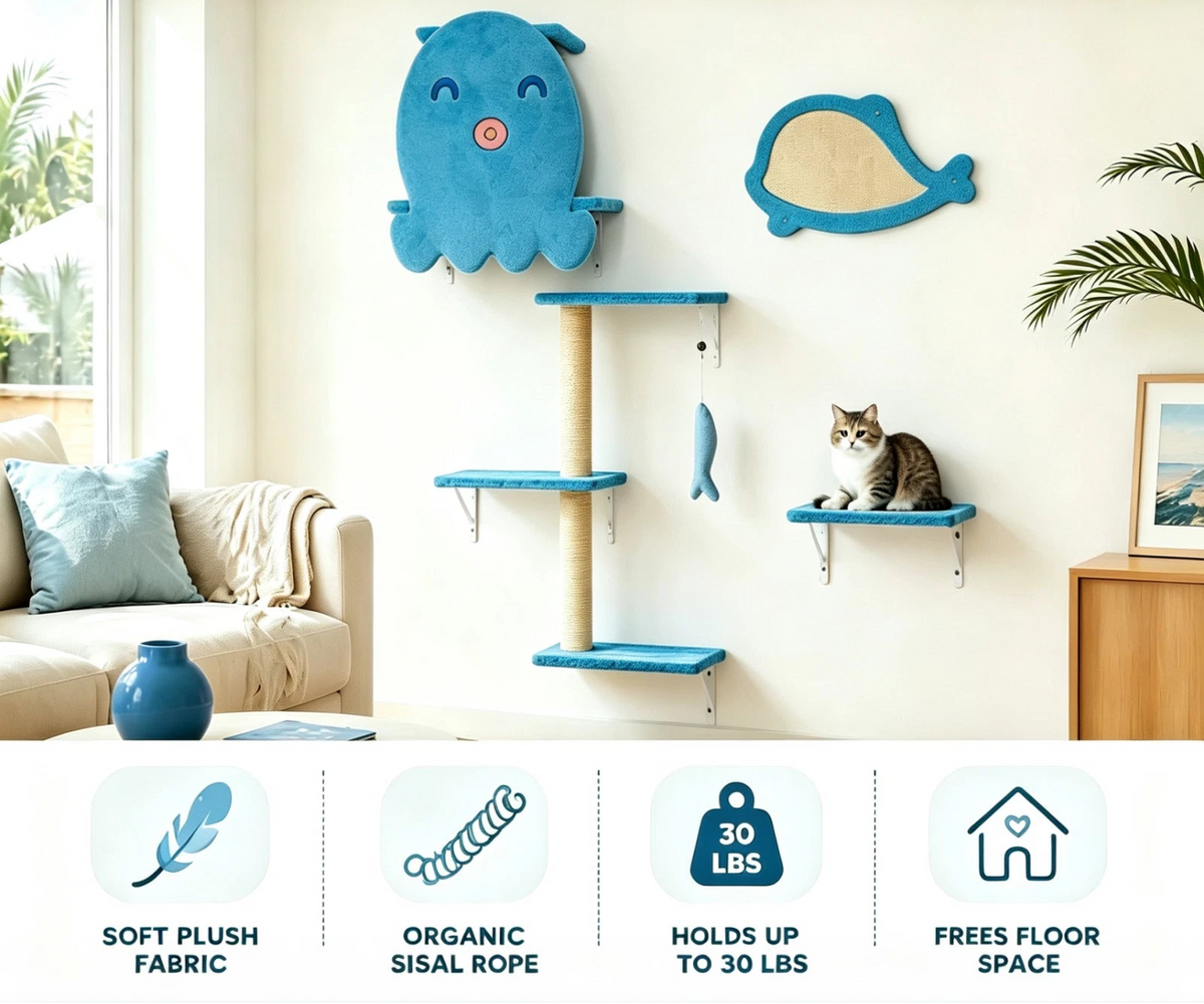 Ocean Blue Wall Mounted Cat Tree 4-Piece Climbing Scratching Perch Set