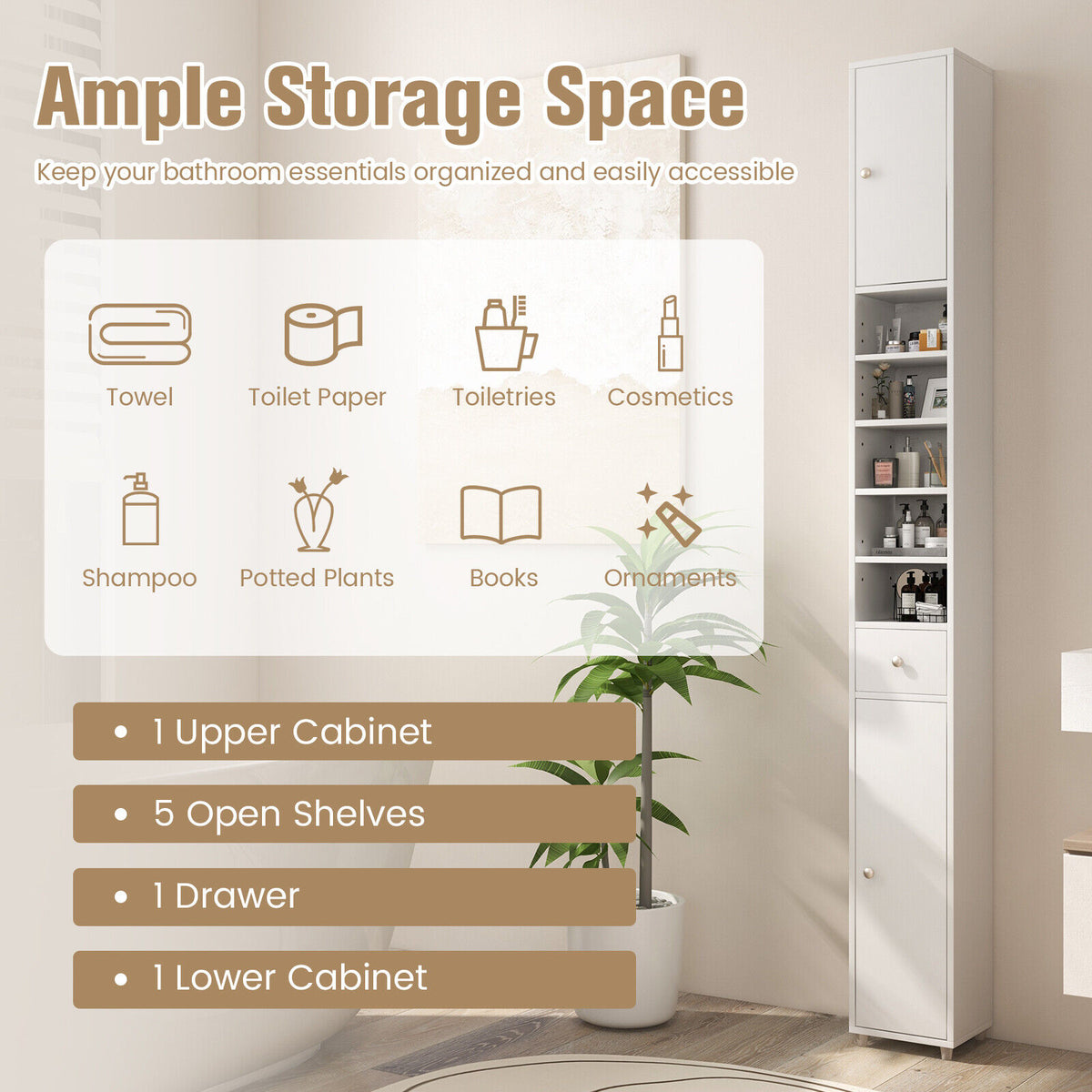 Space-Saving Tall Bathroom Storage Cabinet with Drawer & Adjustable Shelves