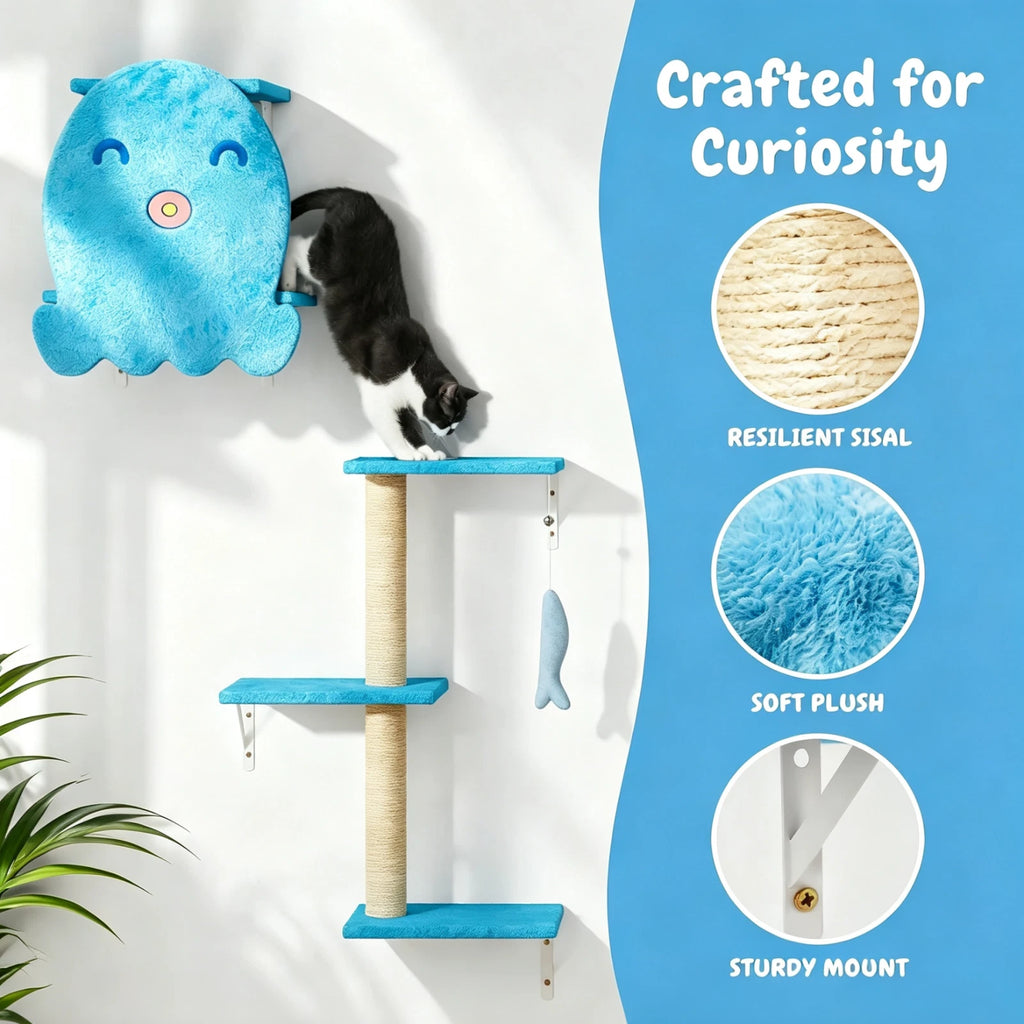 Ocean Blue Wall Mounted Cat Tree 4-Piece Climbing Scratching Perch Set