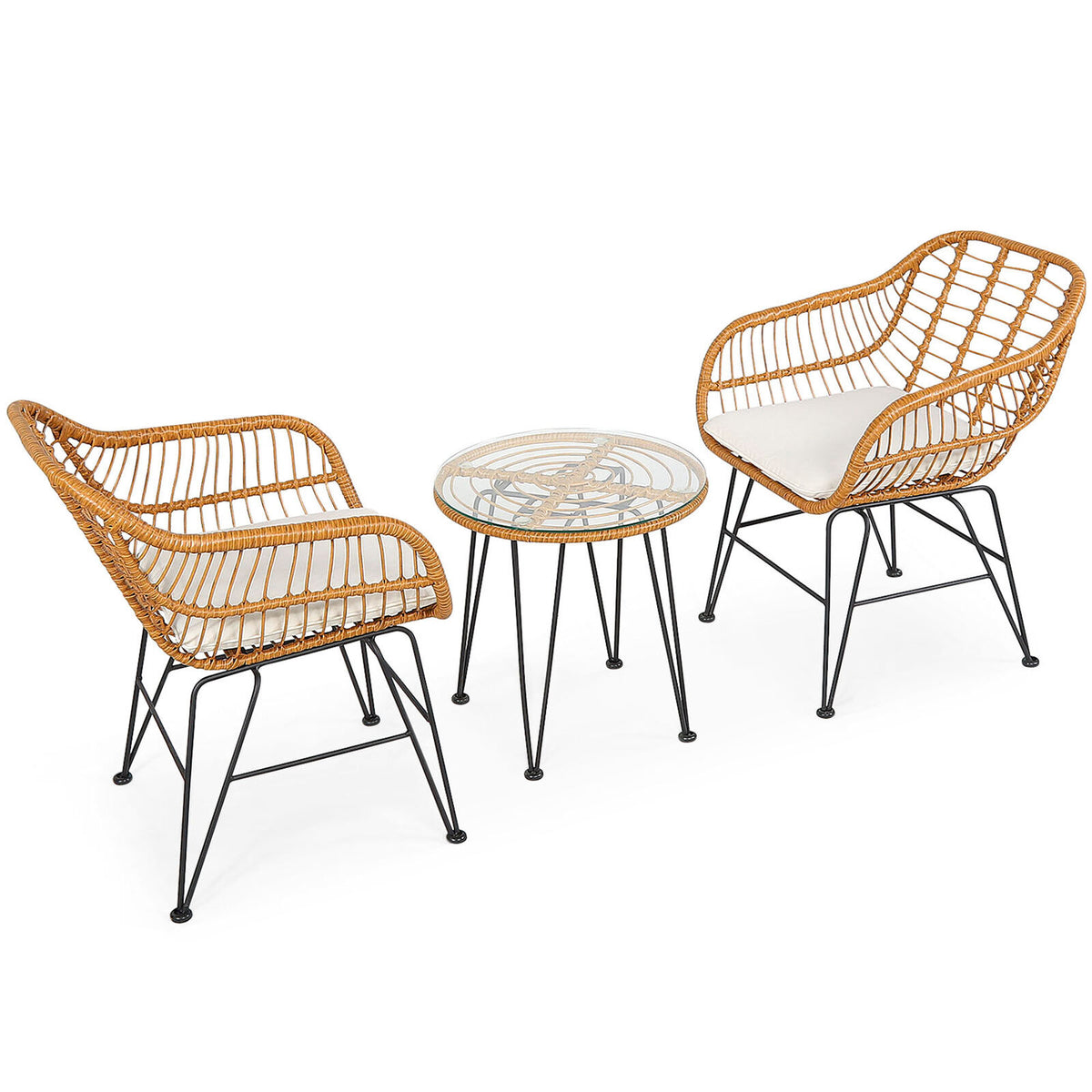 3pcs Bistro Set Outdoor Rattan Wicker Conversation Furniture w/ White Cushions