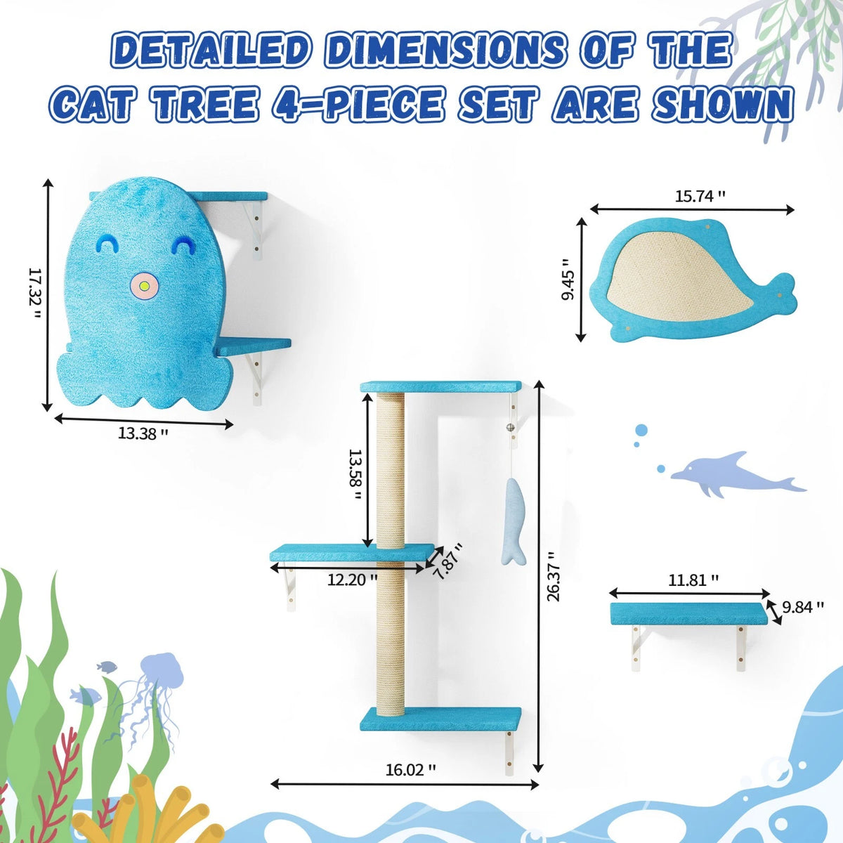 Ocean Blue Wall Mounted Cat Tree 4-Piece Climbing Scratching Perch Set