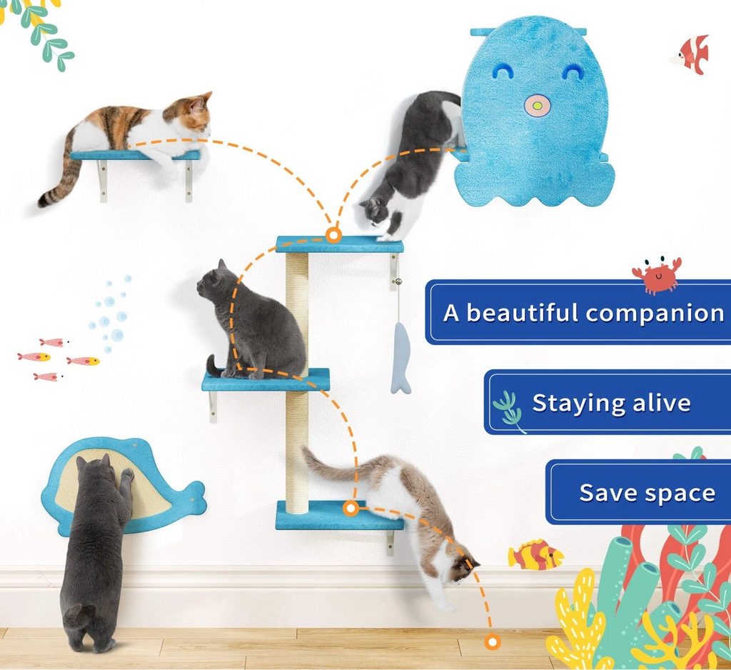 Ocean Blue Wall Mounted Cat Tree 4-Piece Climbing Scratching Perch Set