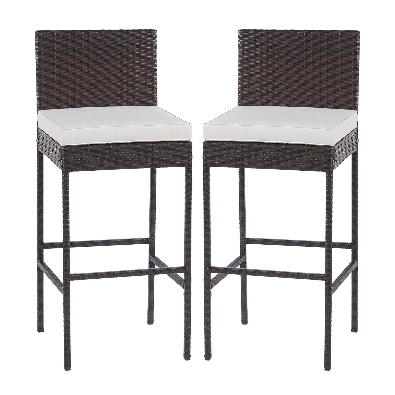 2pcs Outdoor Wicker Rattan Barstool with Footrest and Cushion Patio Furniture