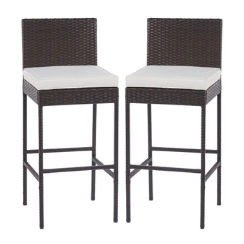 2pcs Outdoor Wicker Rattan Barstool with Footrest and Cushion Patio Furniture