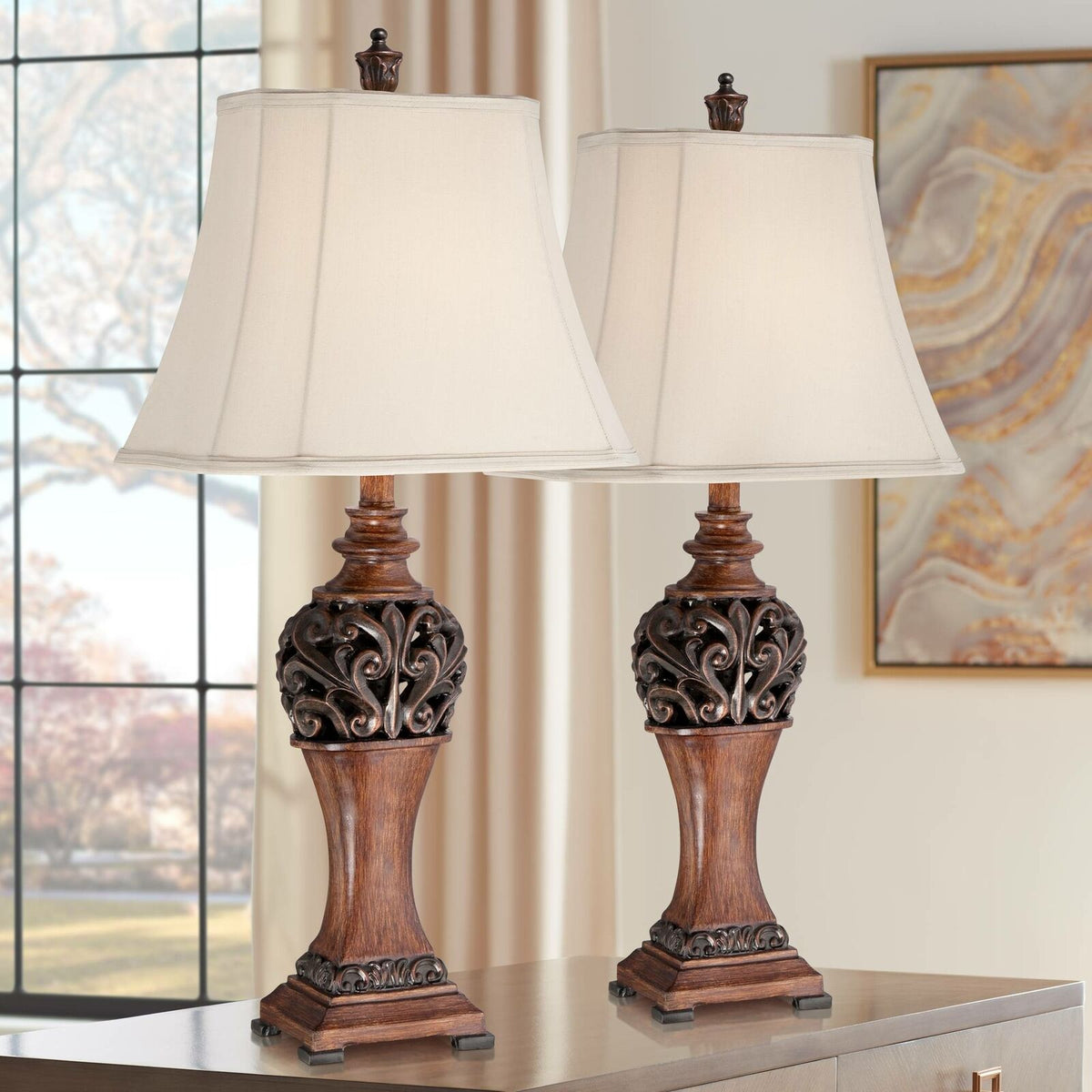 Set of 2 Traditional Design Carved Table Lamps with Wood-Tone Finish