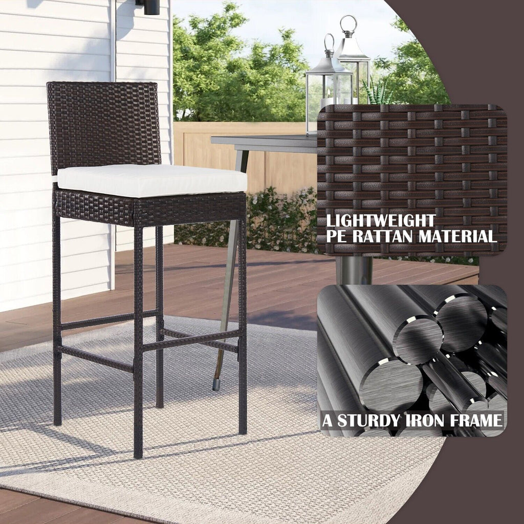 2pcs Outdoor Wicker Rattan Barstool with Footrest and Cushion Patio Furniture