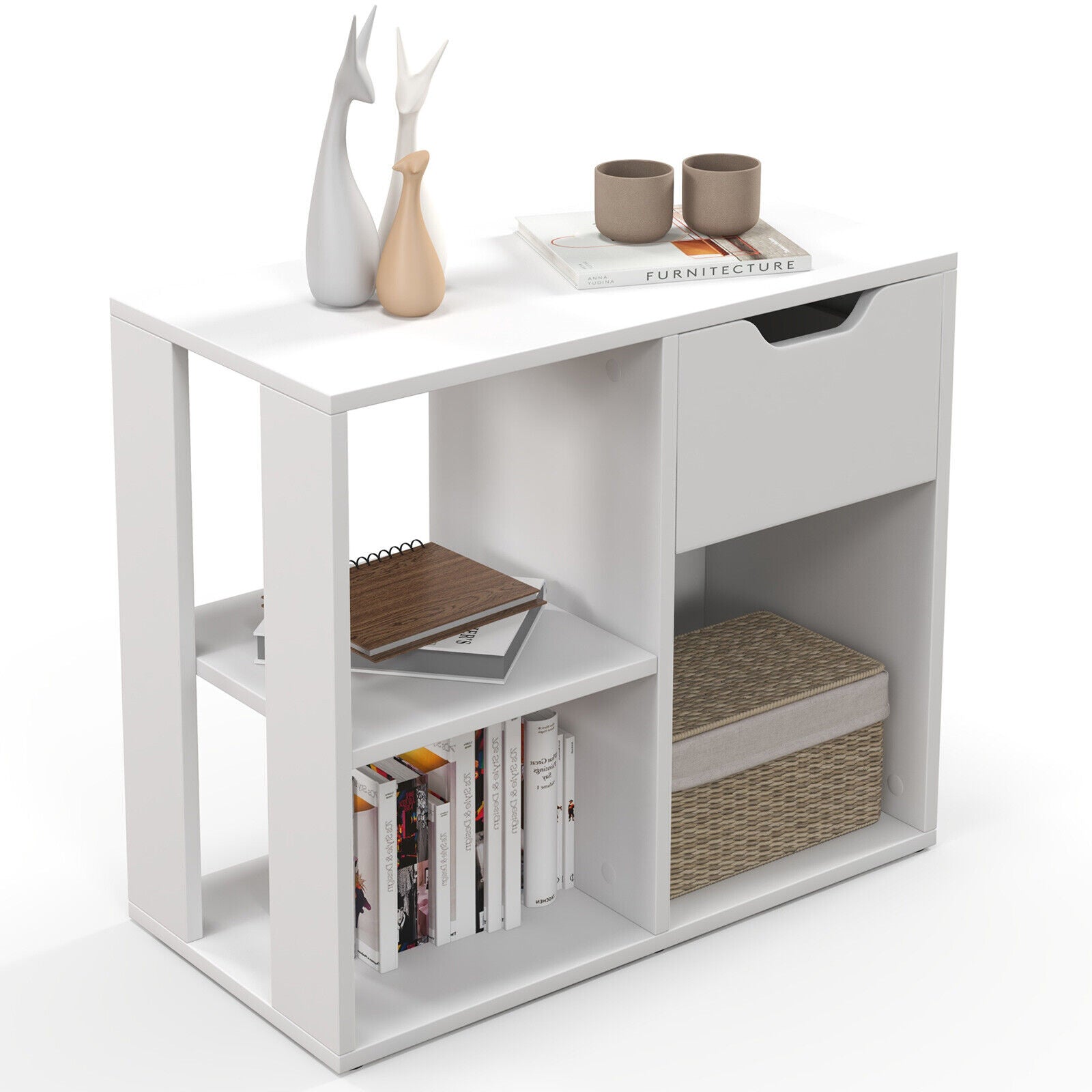 3-Tier White Side Table with Storage Shelf & Drawer