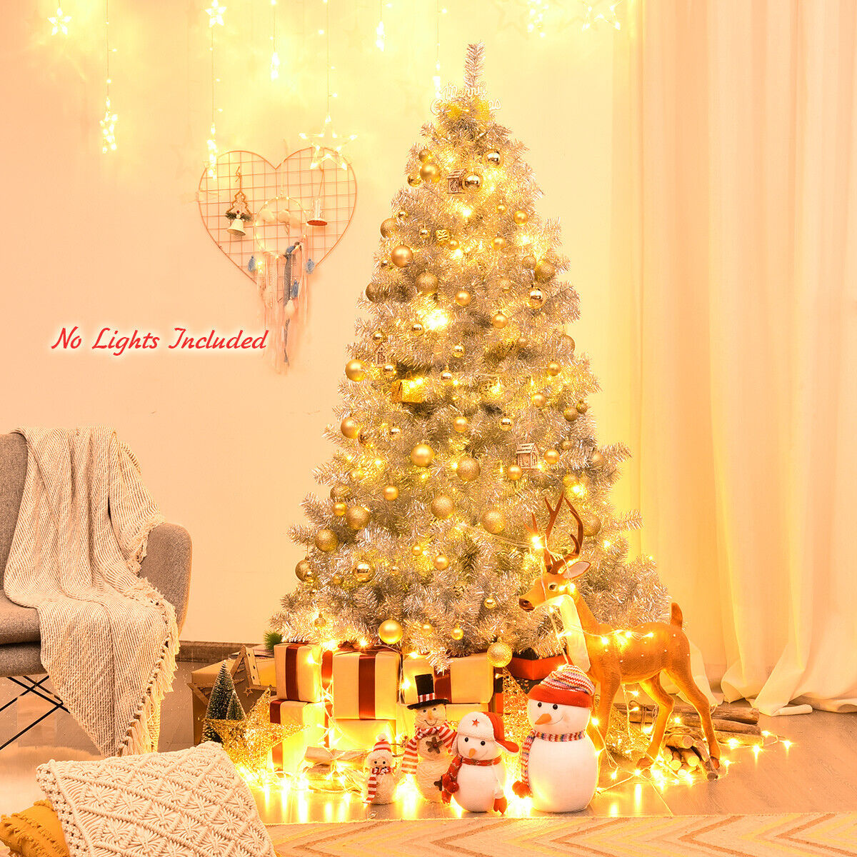 6-Foot Hinged Christmas Tree With Silver Tinsel Design And Metal Stand