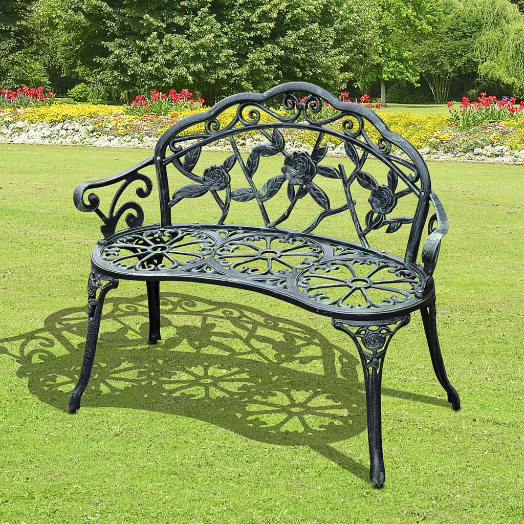 Cast Aluminum Outdoor Bench For Patio & Garden w/ Antique Rose Design