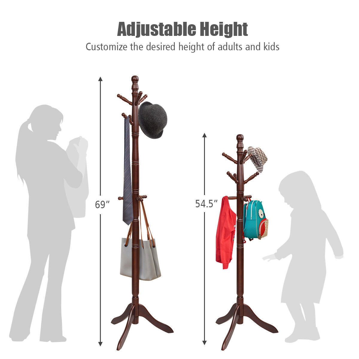 Wooden Hall Tree Coat Rack 2 Adjustable Heights and 9 Hooks