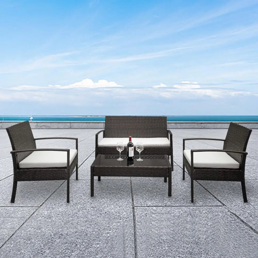 Outdoor Rattan Sofa Set with Coffee Table 4pcs Garden Furniture