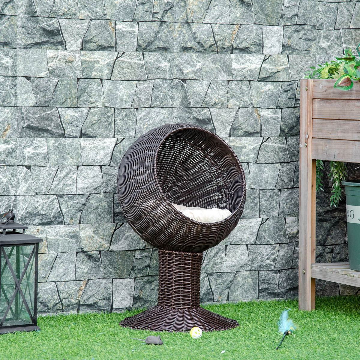 27-Inch Elevated Rattan Wicker Cat House Pet Bed With Cushion
