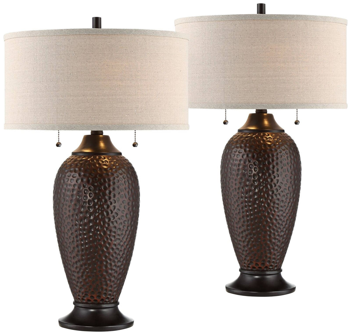 2pcs Hammered Bronze Finish Table Lamps With Oatmeal Linen Drum Shades