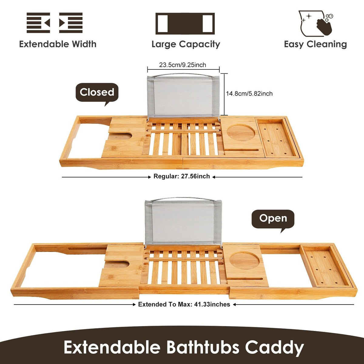 Bamboo Bathtub Caddy Tray with Book and Tablet Holder
