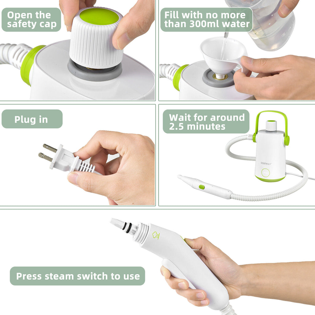 Green Hand-held Steam Cleaner 1000W with 10 Accessories