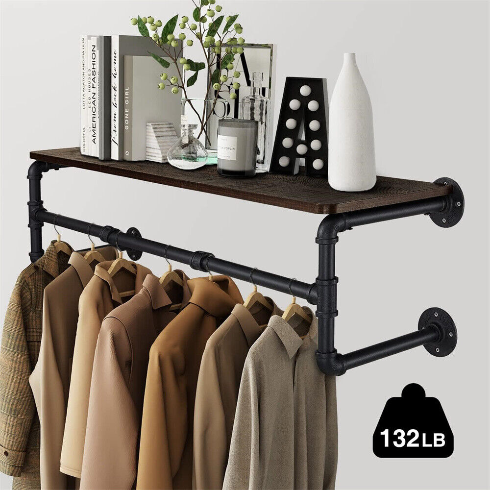 Wall Mounted Pipe Clothes Rack with Top Shelf