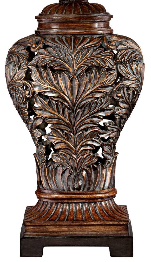 Rectangular Shade Table Lamp w/ Traditional Carved Leaves Vase Design