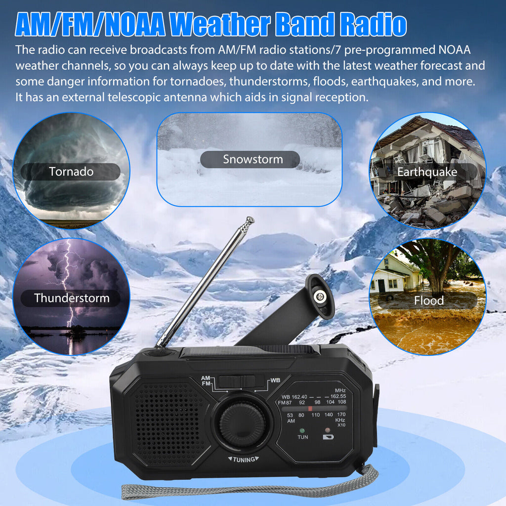 FM/NOAA Weather Radio Emergency Hand Crank or Solar Powered Flashlight