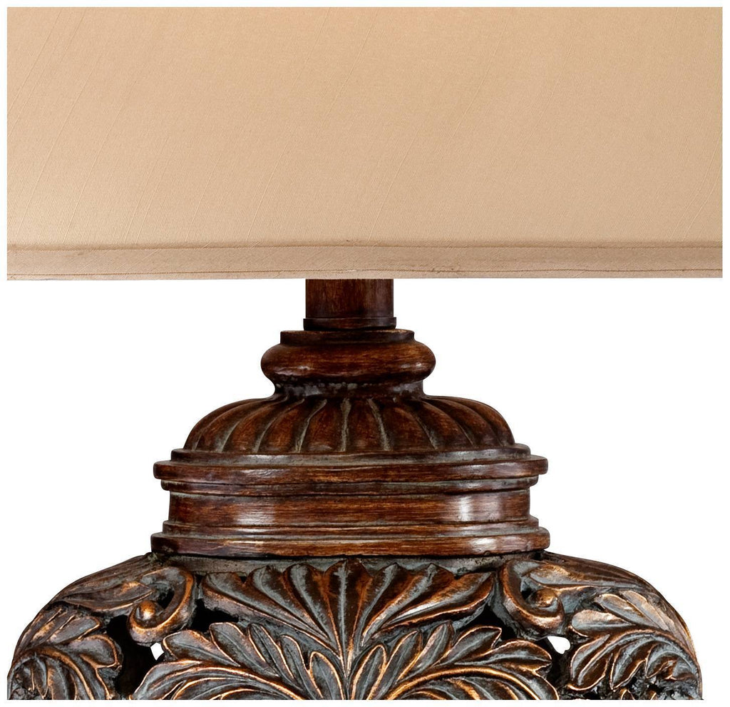 Rectangular Shade Table Lamp w/ Traditional Carved Leaves Vase Design