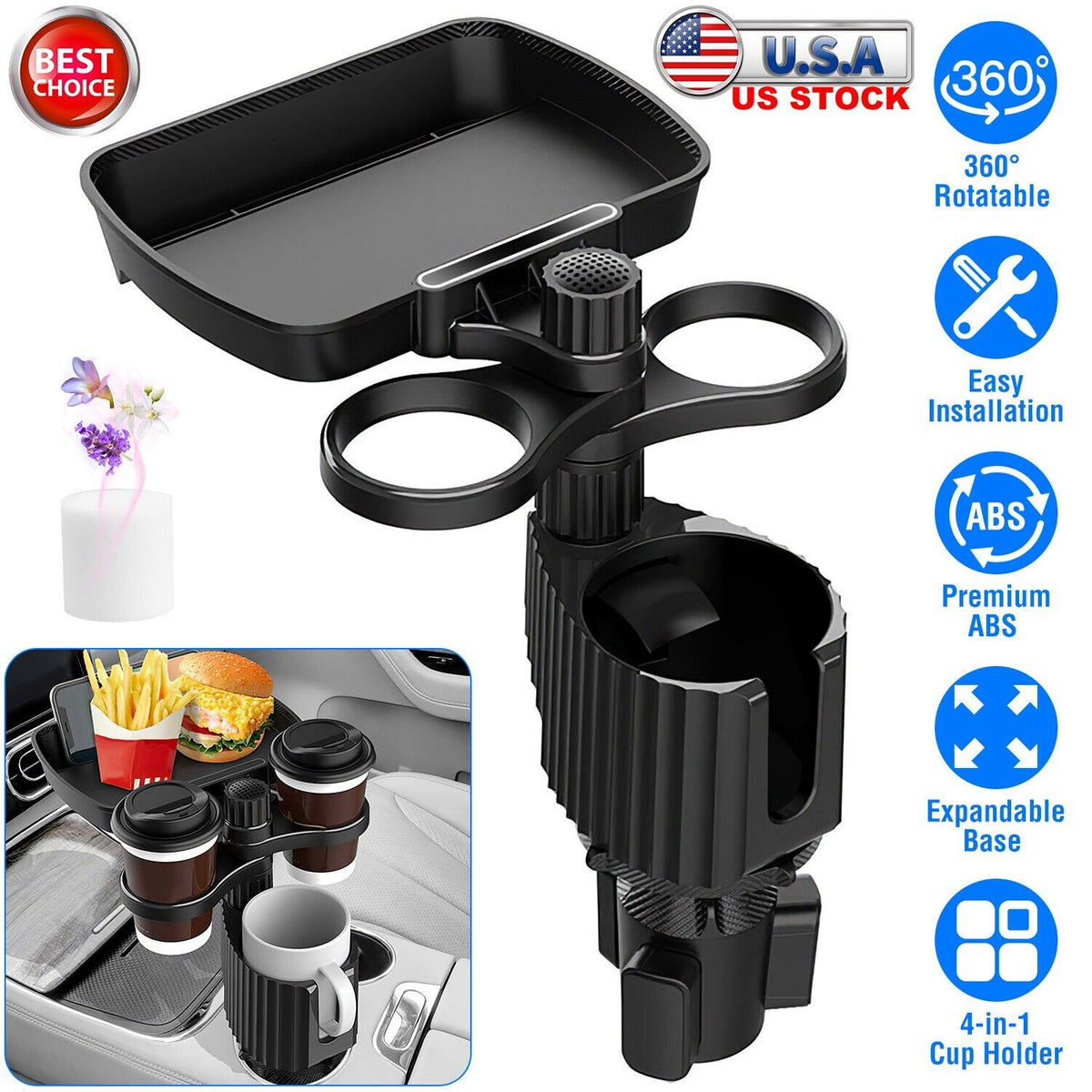4-in-1 Car Cup Holder Tray Food Table and Phone Holder