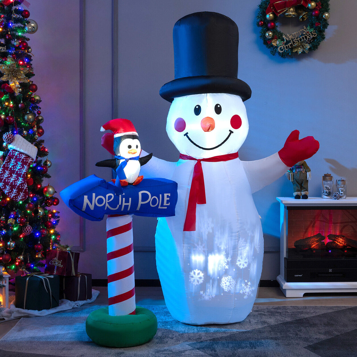 Outdoor Giant Christmas Snowman with Penguin Guidepost Inflatable Decoration