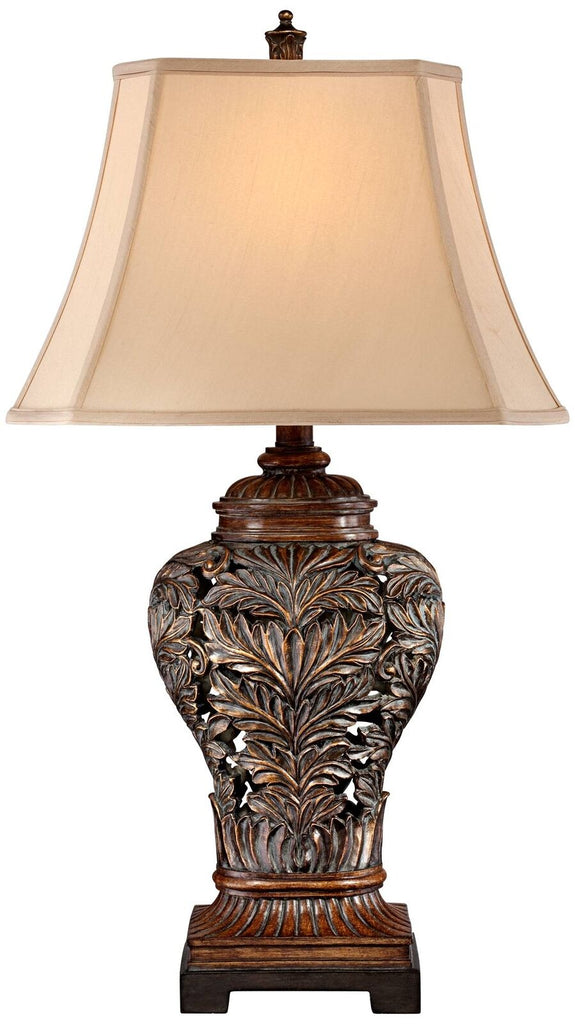 Rectangular Shade Table Lamp w/ Traditional Carved Leaves Vase Design