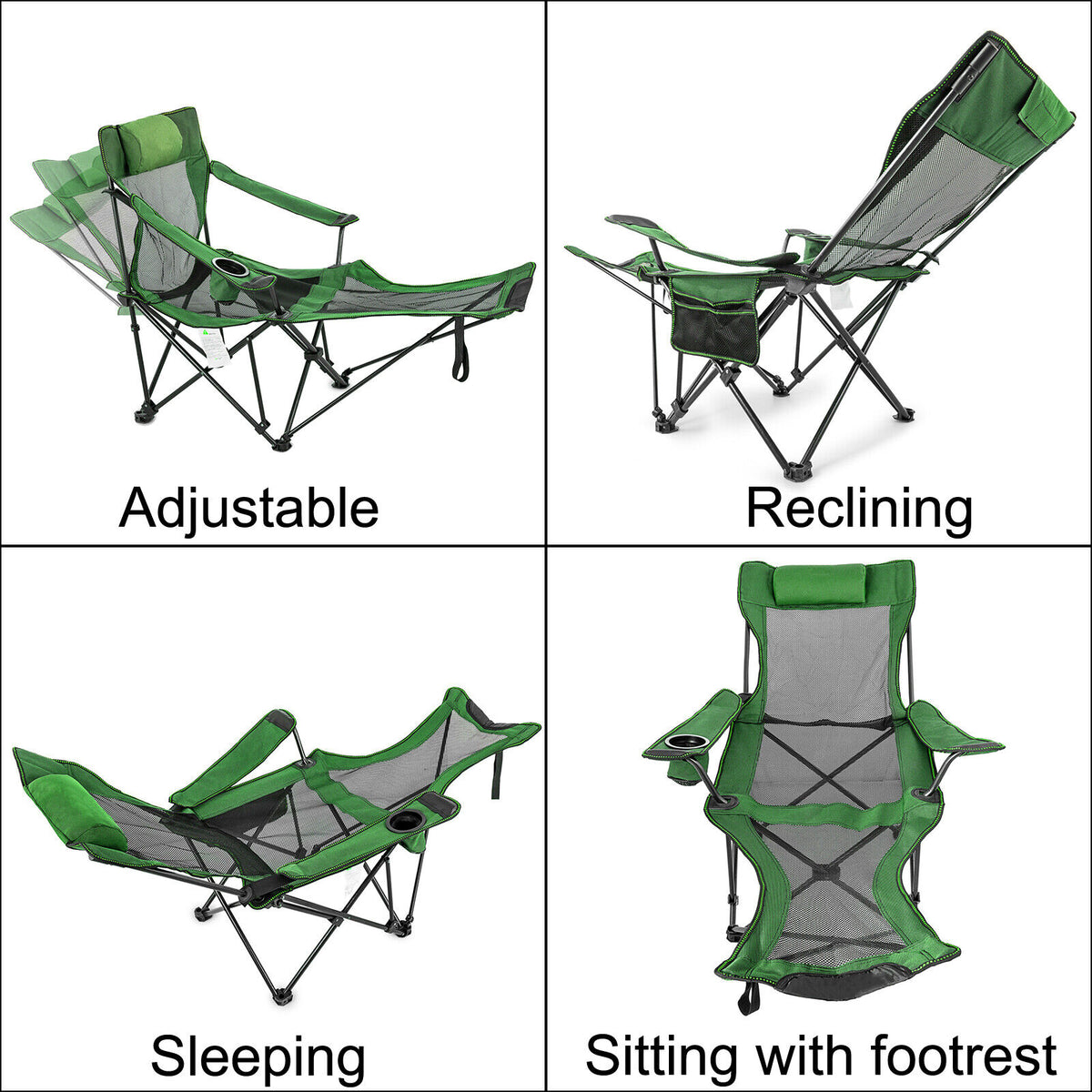 Green Reclining Camp Chair with Mesh Lounge & Footrest