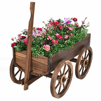 Wooden Wagon Cart Flower Planter Pot Stand with Wheels