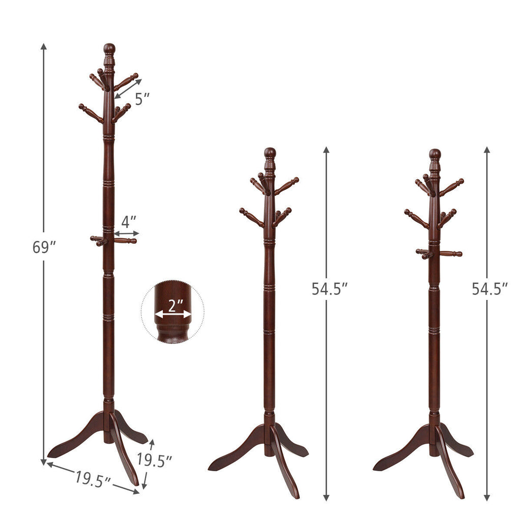 Wooden Hall Tree Coat Rack 2 Adjustable Heights and 9 Hooks