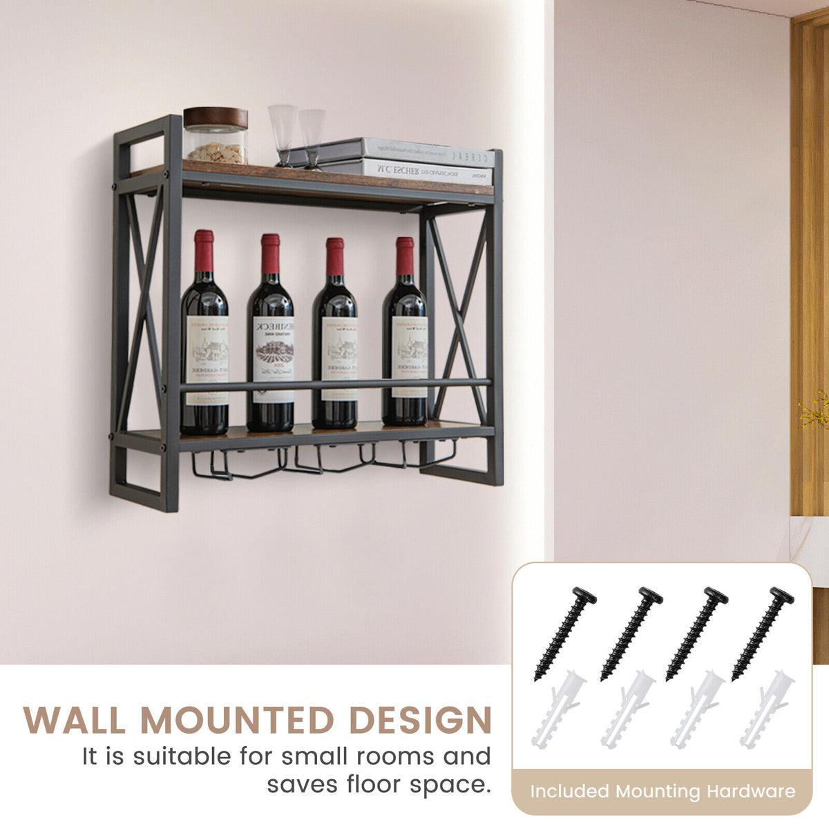 2-Tier Wall Mounted Wine Rack and Glass Holder Industrial Design