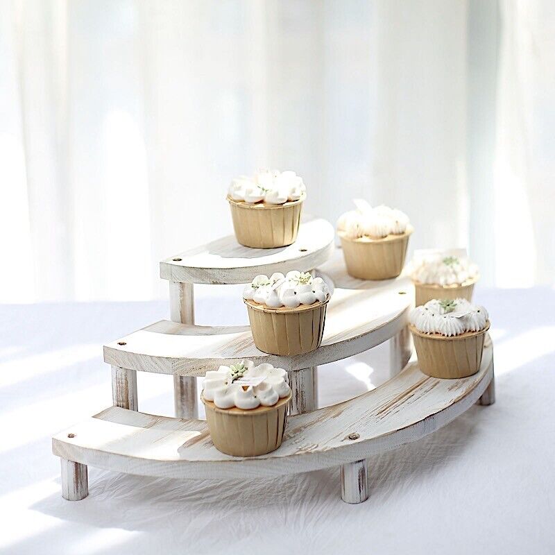 3 Tier Wooden Semicircle Cupcake Dessert Display Stand Whitewashed