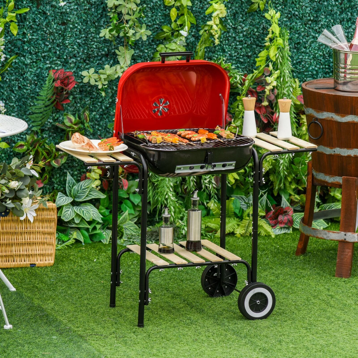 19-Inch Portable Steel Charcoal Grill With Two Wheels and Wood Shelves