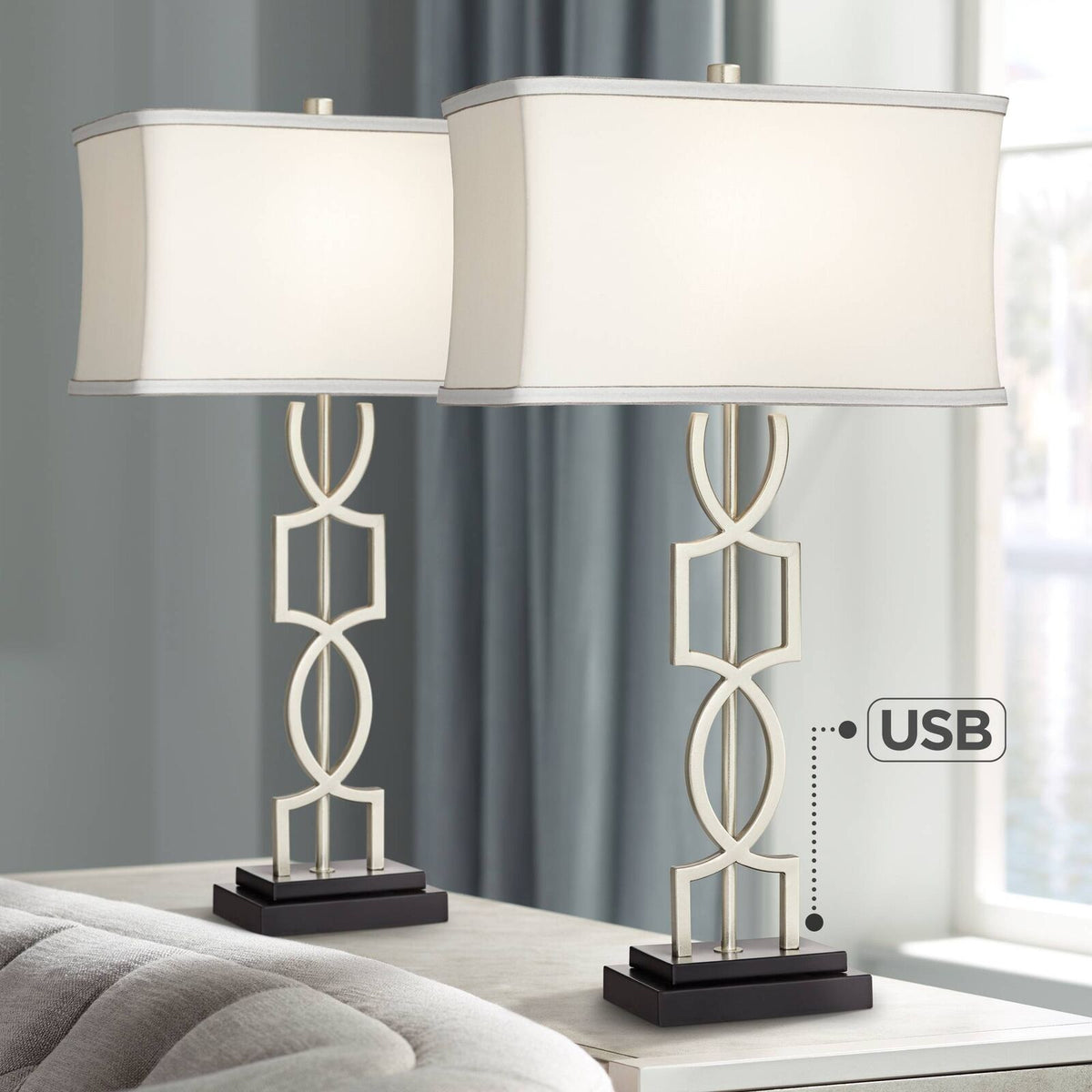 Modern Table Lamps Set of 2 With Brushed Nickel Finish And USB Ports