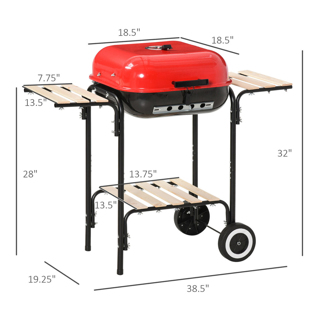 19-Inch Portable Steel Charcoal Grill With Two Wheels and Wood Shelves