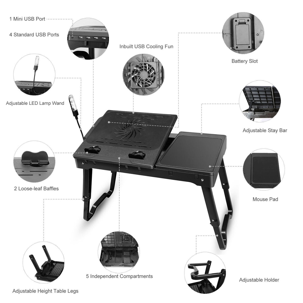 Foldable Laptop Table Tray Desk with Cooling Fan