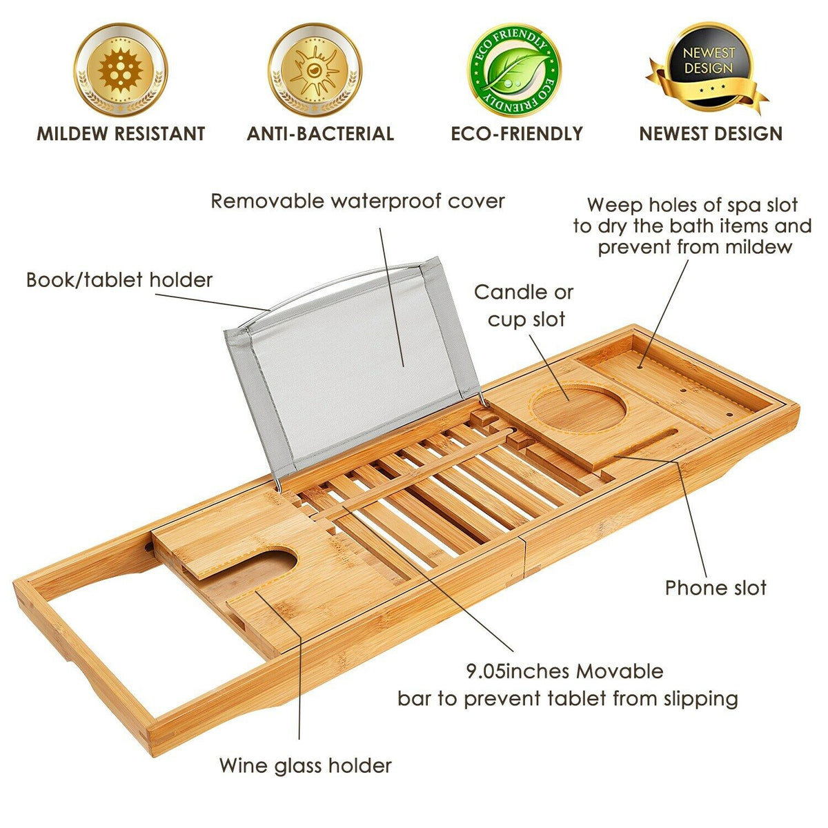 Bamboo Bathtub Caddy Tray with Book and Tablet Holder