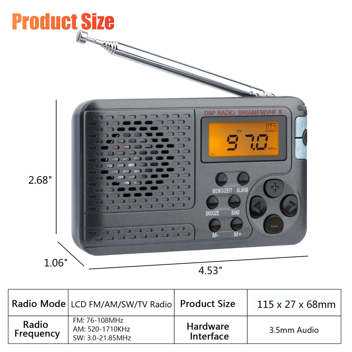 Portable AM/FM/SW/TV Radio Emergency Receiver with Digital LCD Display