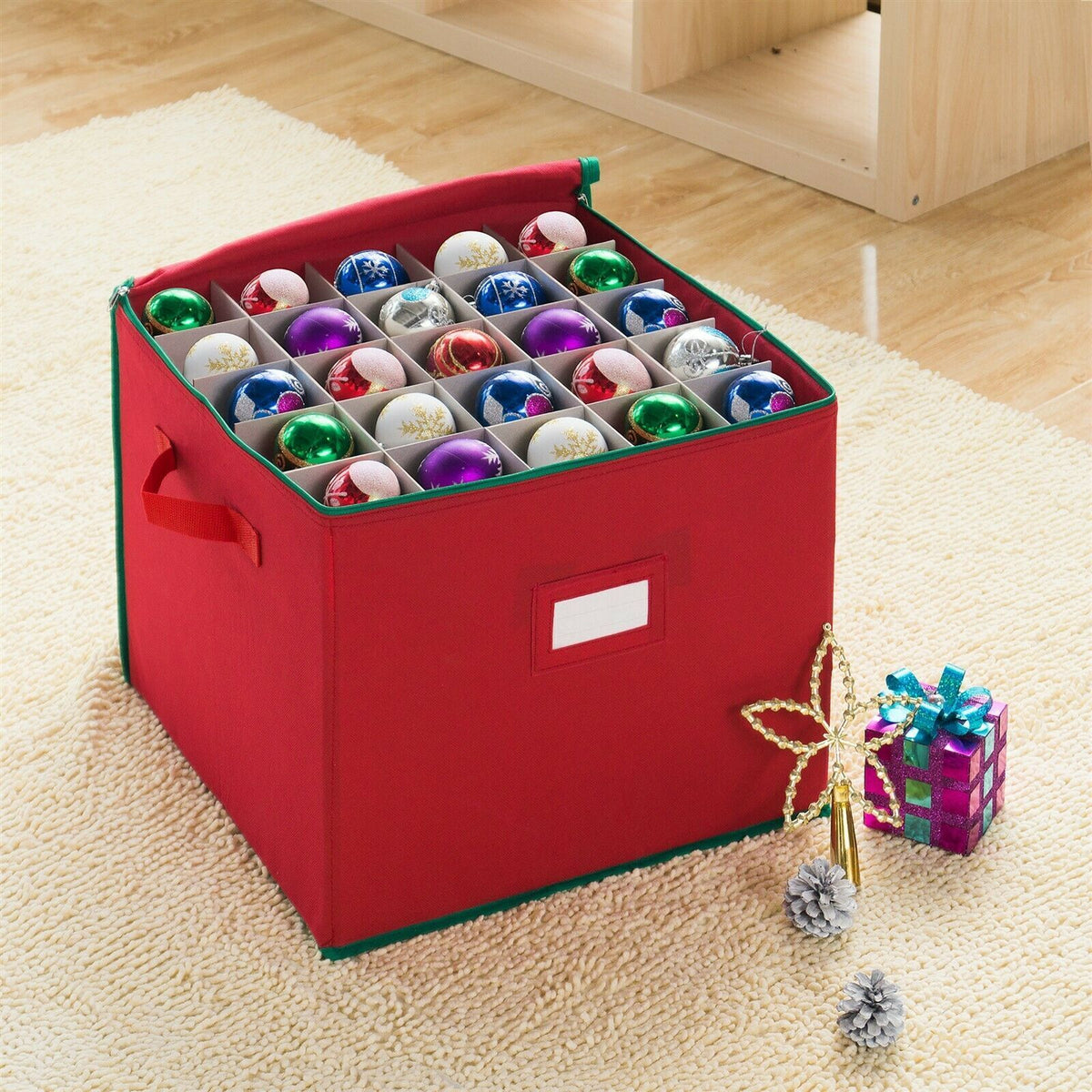 Stackable 16-Inch Christmas Ornament Storage Chest with Dividers - Holds 75 Balls