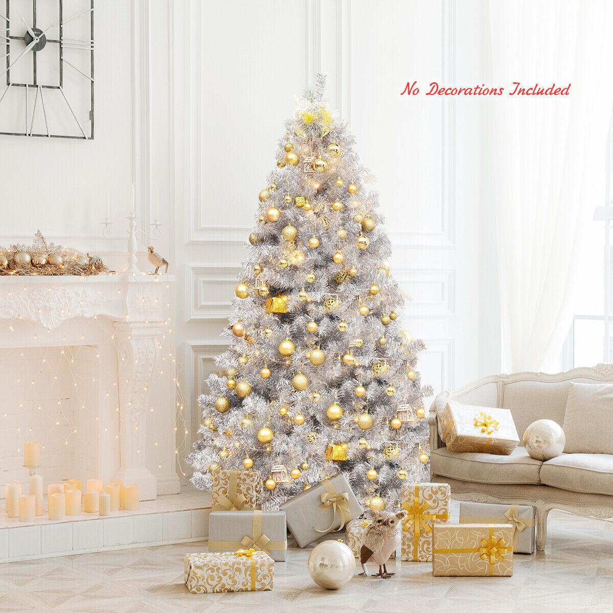 6-Foot Hinged Christmas Tree With Silver Tinsel Design And Metal Stand