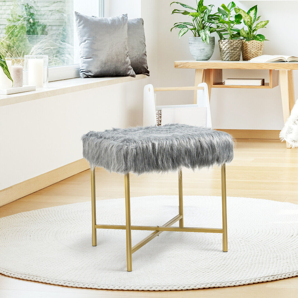 Grey Faux Fur Ottoman Footrest Stool with Gold Metal Legs