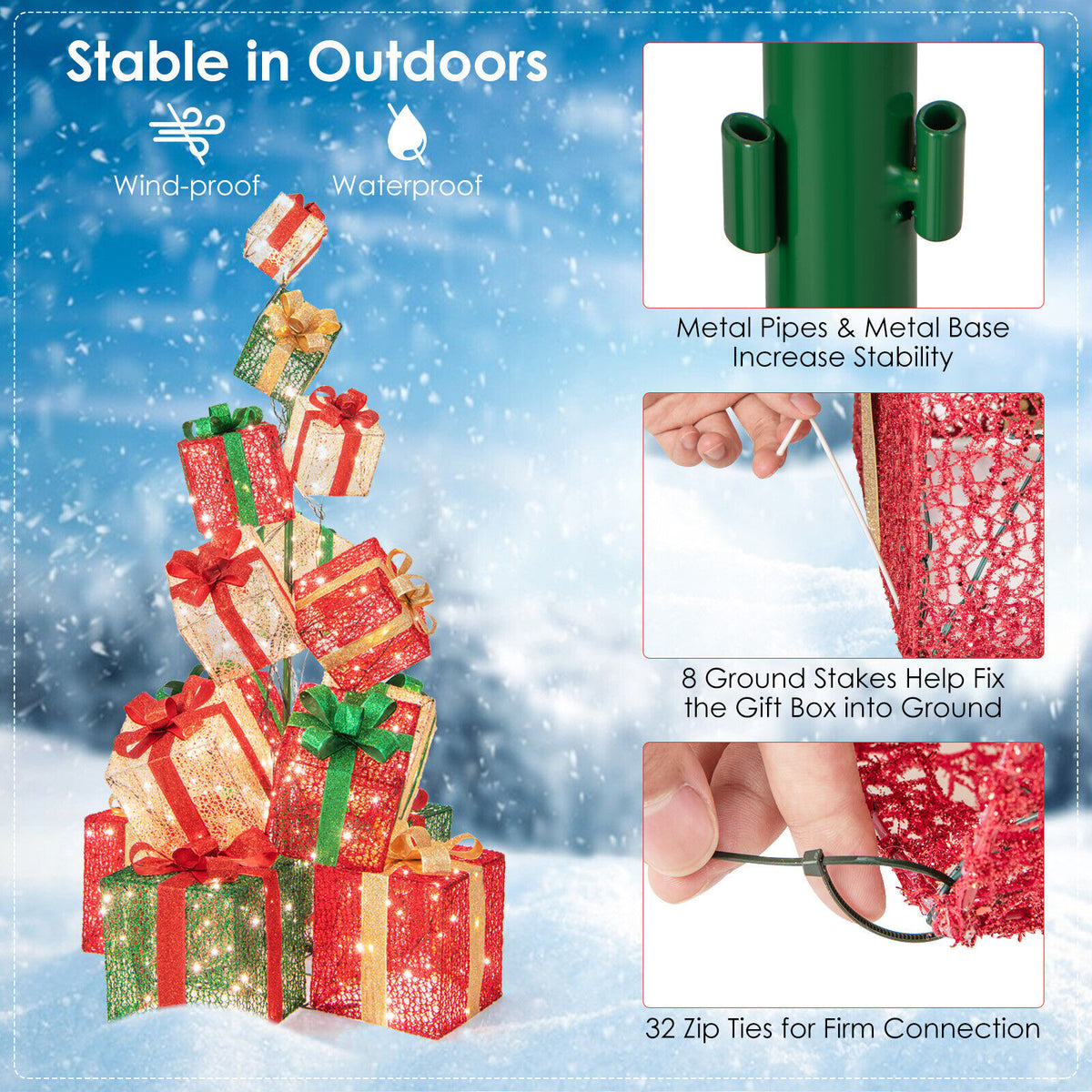 67" Stacked Gift Box Tower Decoration W/ 450 LED Lights For Christmas