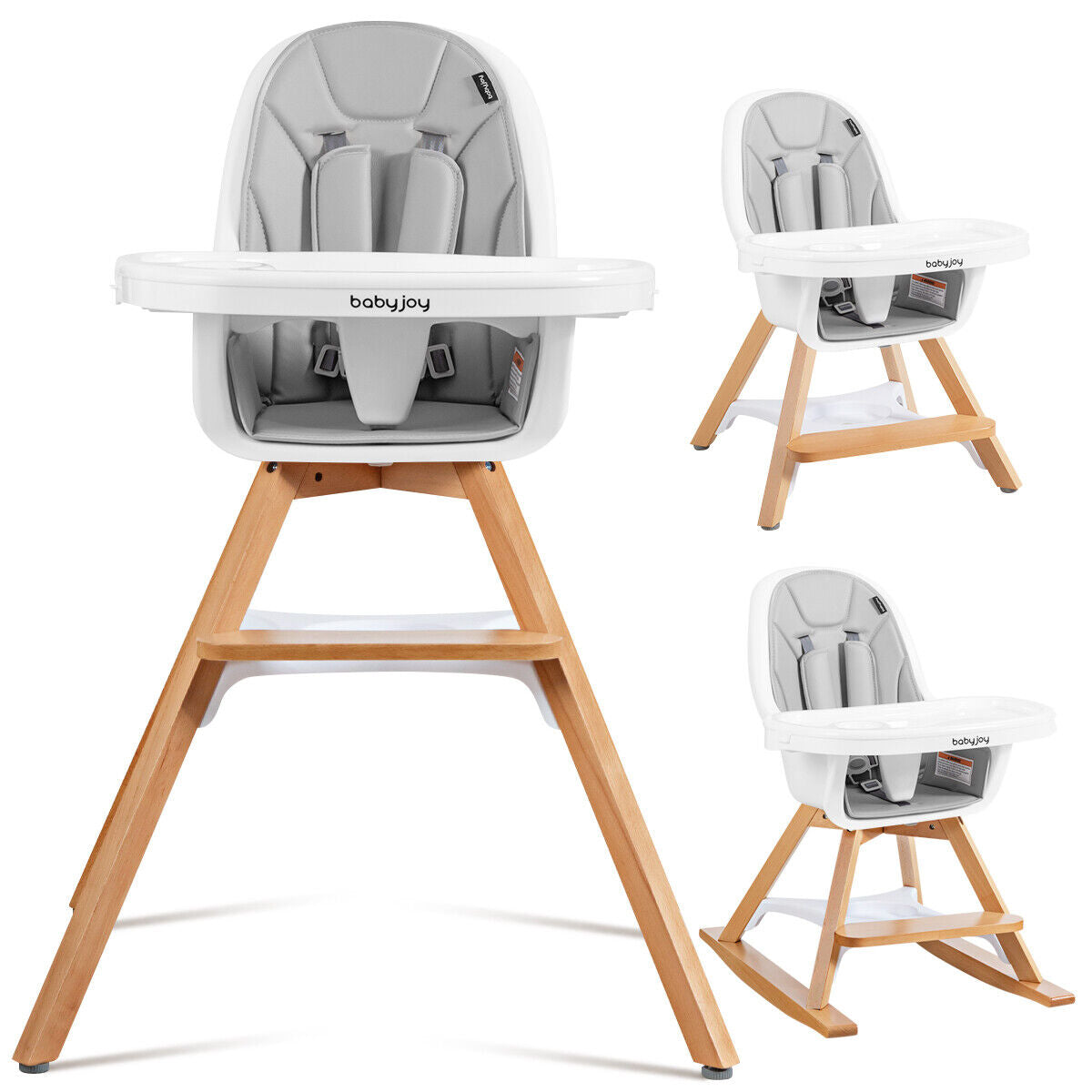 3-in-1 Convertible Wooden Baby High Chair w/ Tray Adjustable Legs Gray